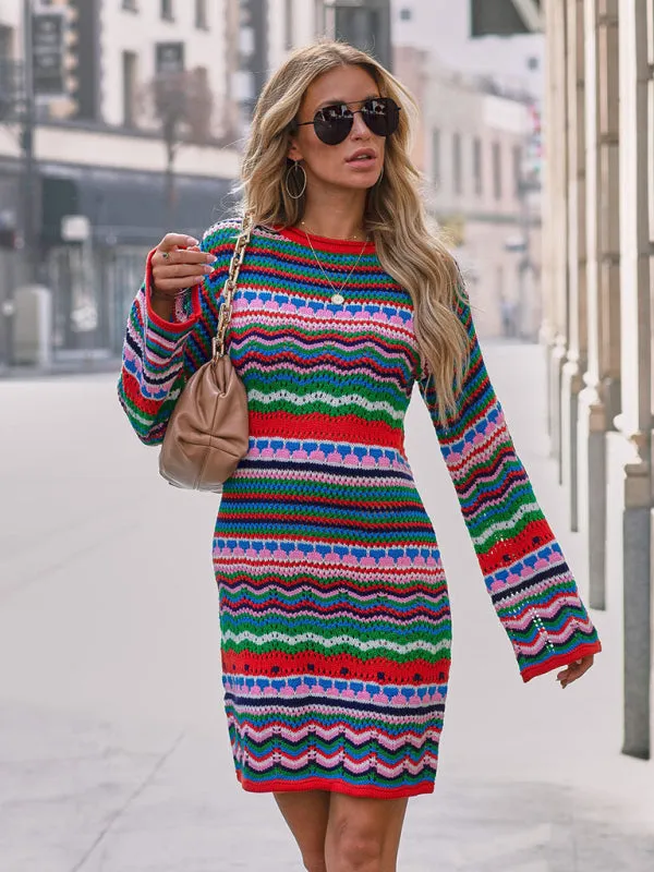 Long Sleeve Geo Knit Lightweight Sweater Dress