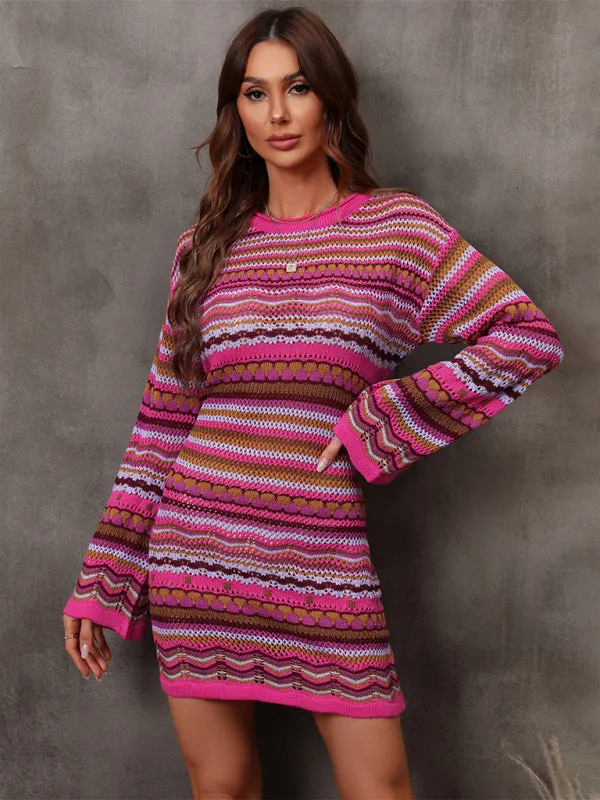 Long Sleeve Geo Knit Lightweight Sweater Dress