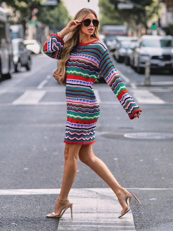 Long Sleeve Geo Knit Lightweight Sweater Dress