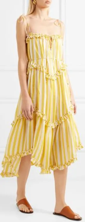 Lumino Asymmetric Ruffled Striped Linen Midi Dress