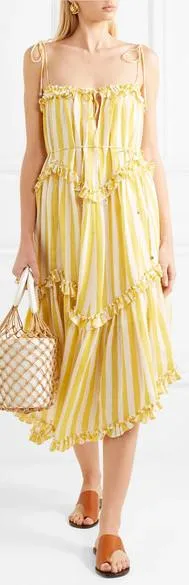 Lumino Asymmetric Ruffled Striped Linen Midi Dress