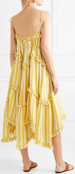 Lumino Asymmetric Ruffled Striped Linen Midi Dress