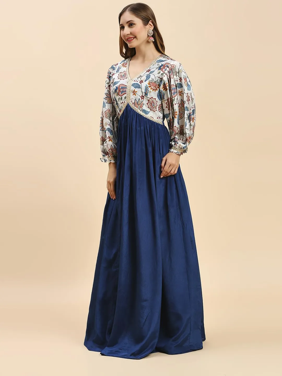 Madhuram Women's Chinon Gown for Women Ethnic with Digital Print and Embroidery Work Long Gown(M-2453 Mor Pichch_Large) Blue