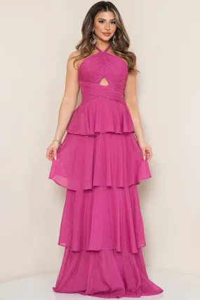 Magenta Halter Neck Ruffle Lyered Maxi Dress