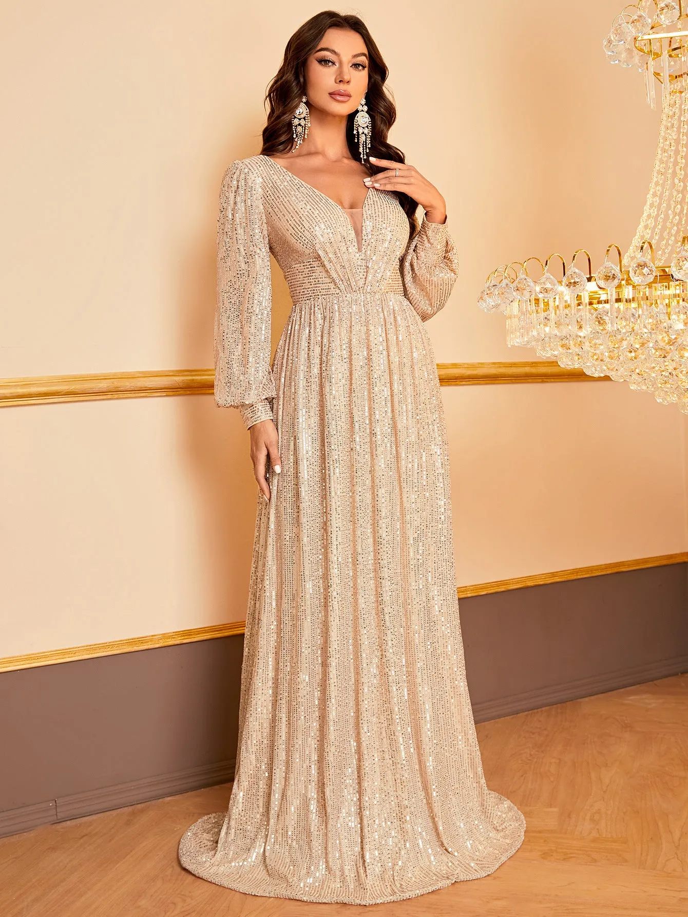 Mandy Gold Long Sleeve V Neck Dress