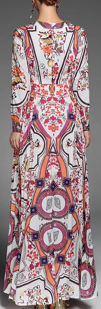 Mixed Print V-Neck Maxi Dress