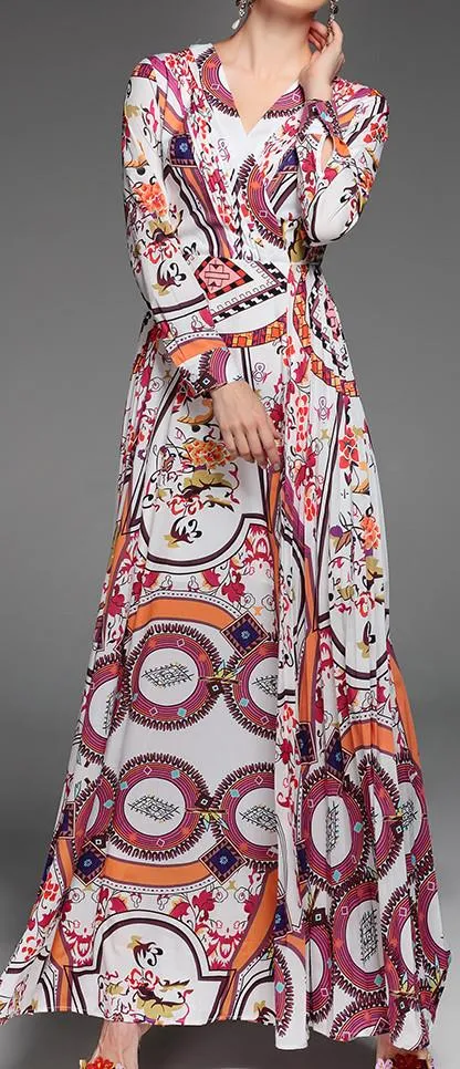 Mixed Print V-Neck Maxi Dress