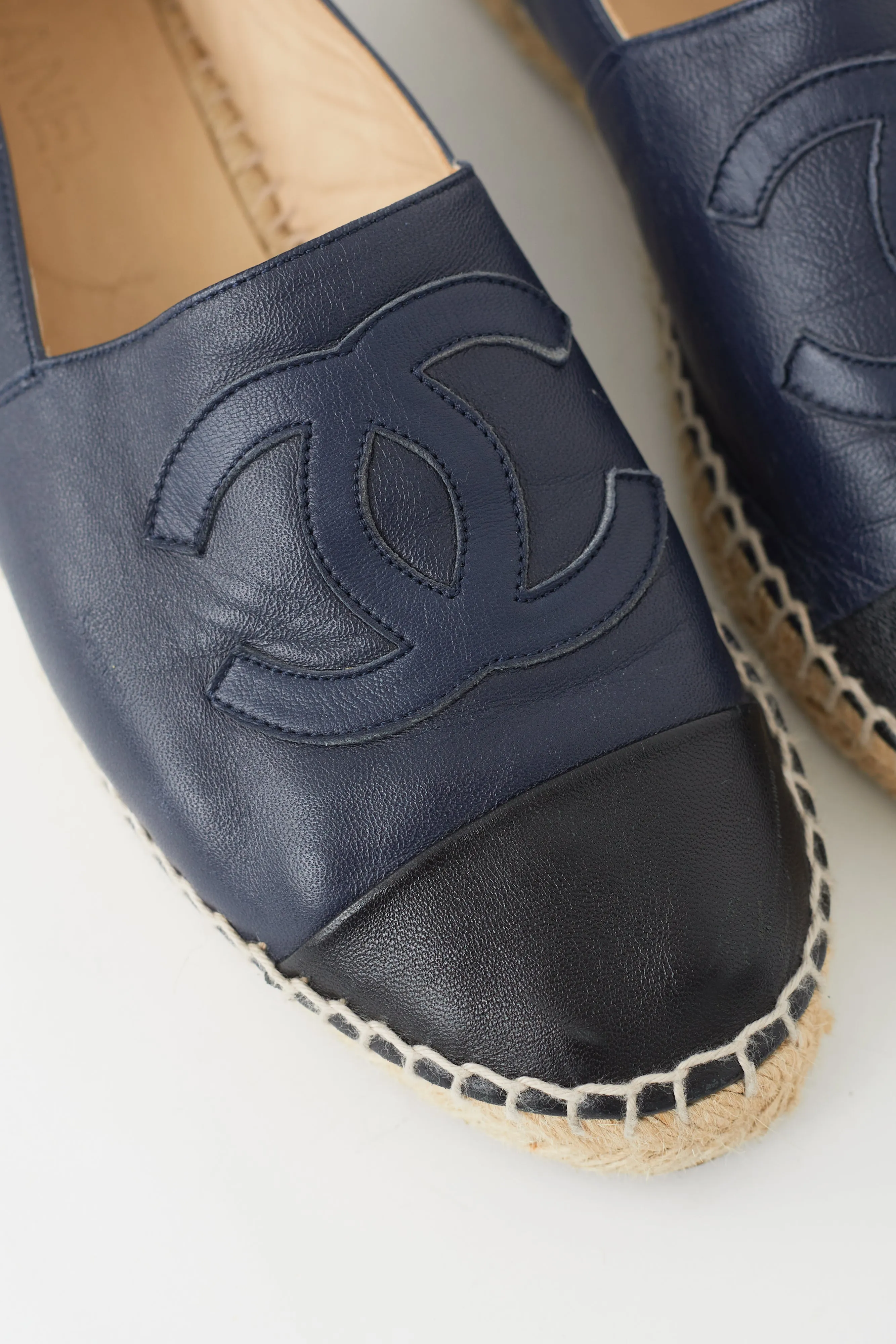 Navy & Black Leather Logo Espadrille Flat