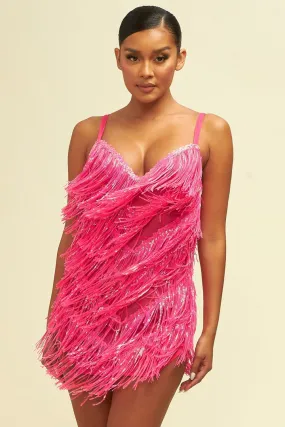 Neon Pink Sequin Fringe Mini Dress