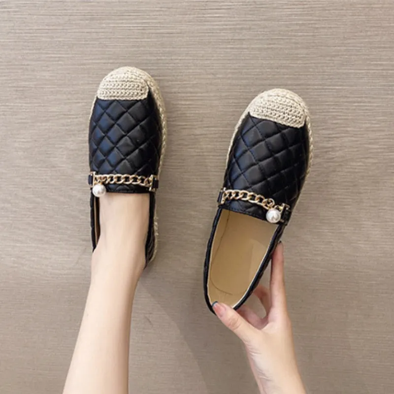 New Women's Loafers Pu Slip On Metal Chain Female Flats Shoes Spring Pearl Shallow Diamond Lattice Ladies Fisherman Shoes