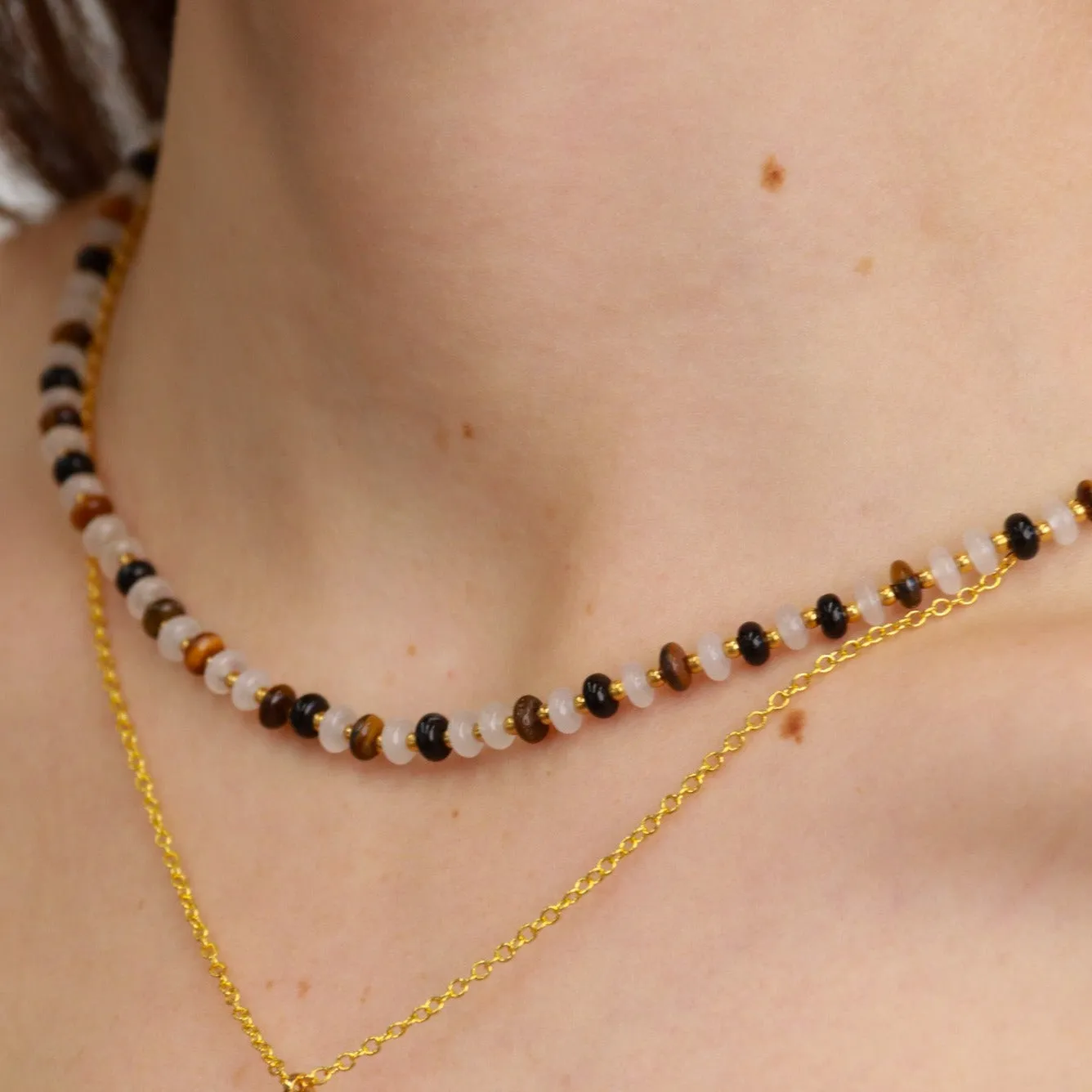 Palawan |  Tigers Eye, White Jade and Black Agate 18k gold choker