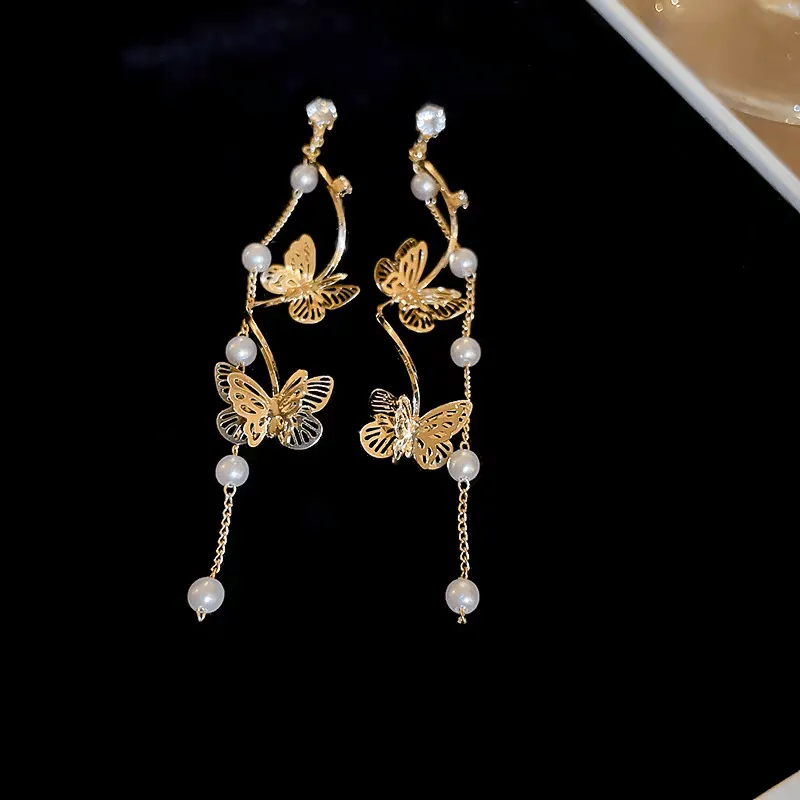 Pearl Chain Butterfly Dangle Earrings