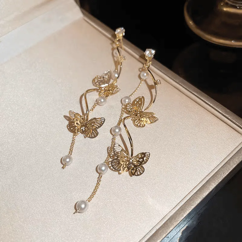 Pearl Chain Butterfly Dangle Earrings