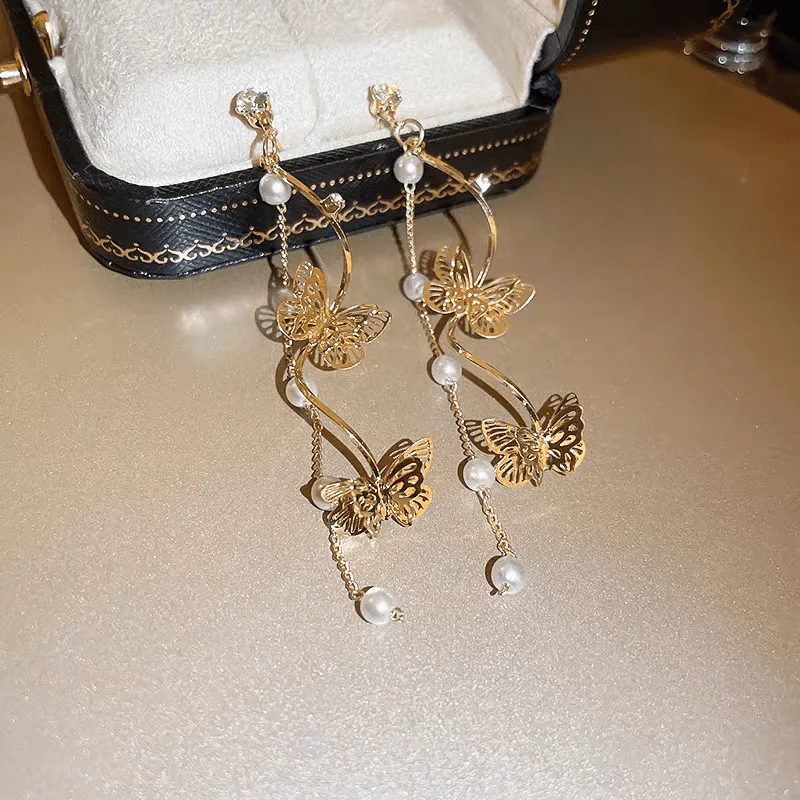 Pearl Chain Butterfly Dangle Earrings