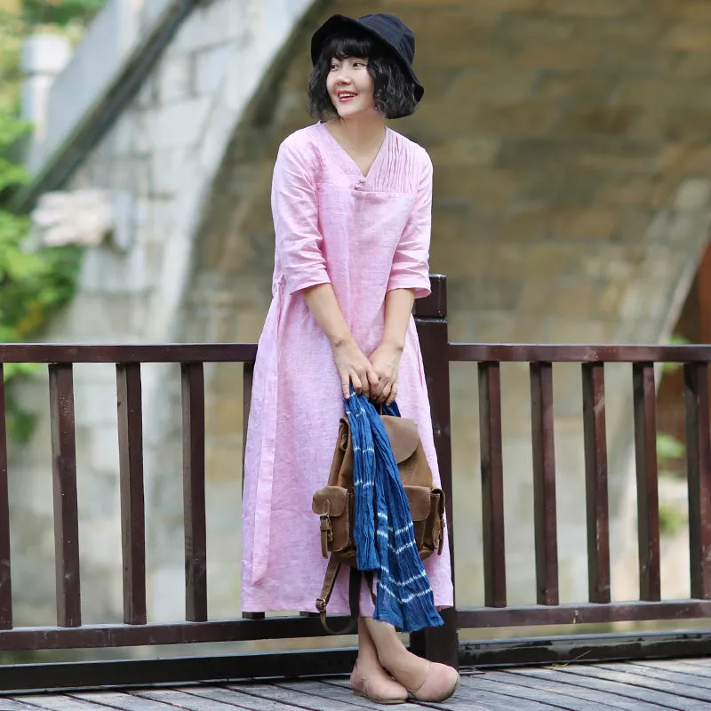 Pink Linen Women Dresses Spring Summer Women Dresses With V Neck WC961807