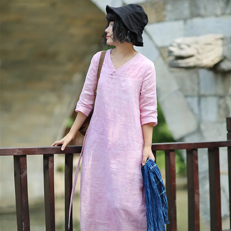 Pink Linen Women Dresses Spring Summer Women Dresses With V Neck WC961807