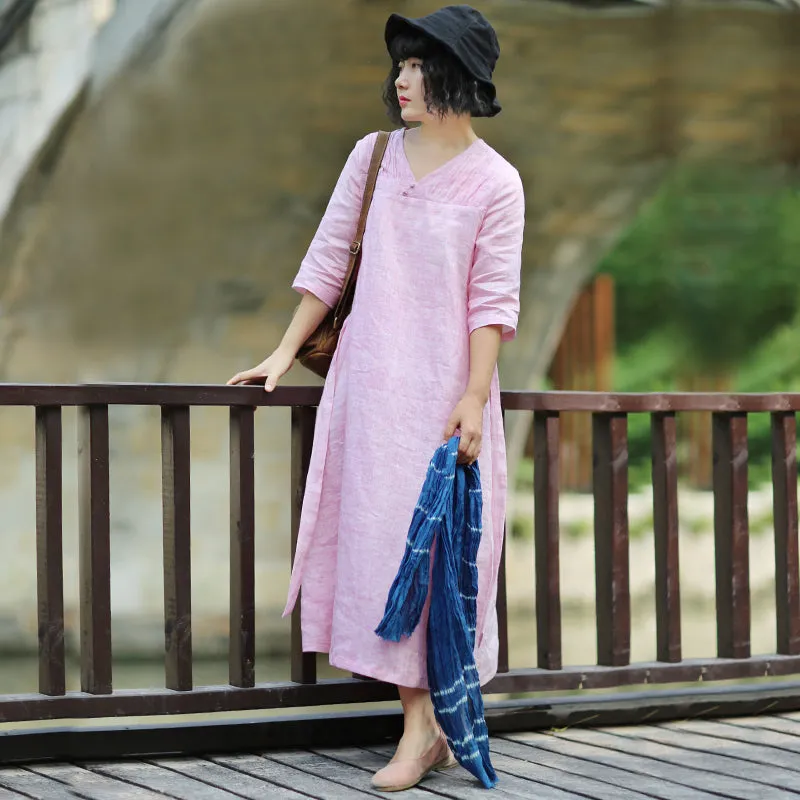 Pink Linen Women Dresses Spring Summer Women Dresses With V Neck WC961807