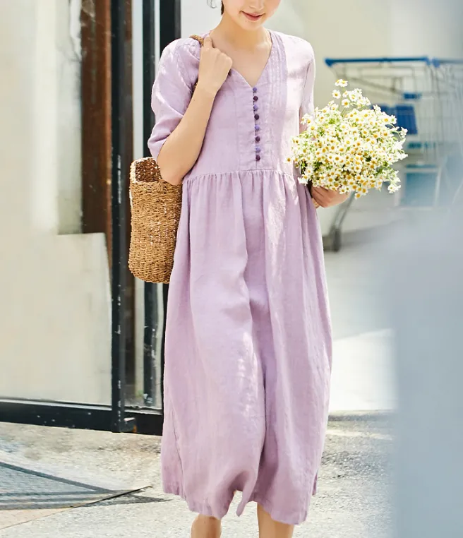 Pink Women Dresses, Soft Summer Linen Women Dresses 7115