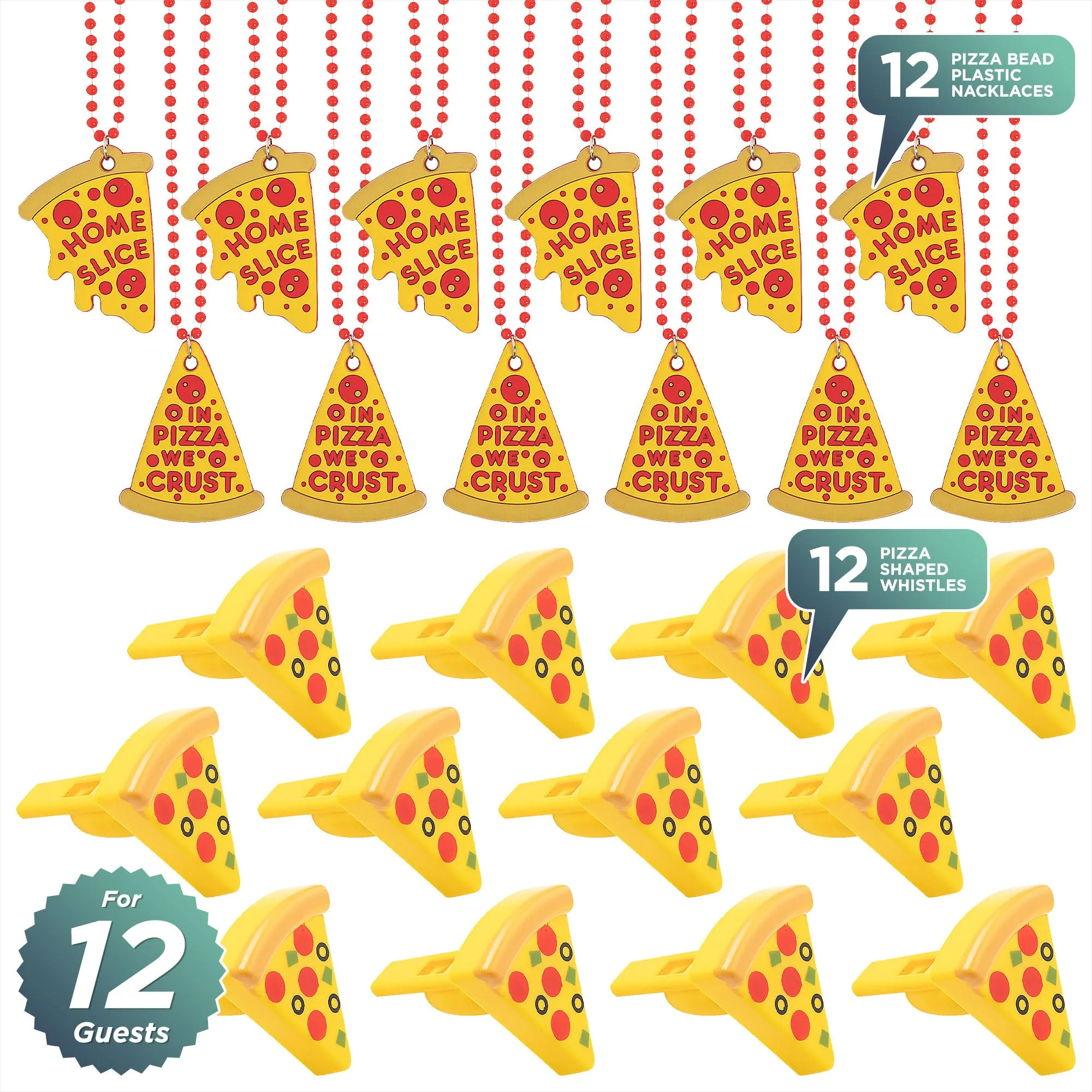 Pizza Party Favors - Pizza Shaped Whistles and Bead Necklaces for 12 Guests