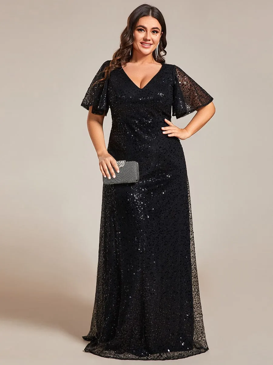 Plus Size See-Through Short Sleeves Maxi Sequin Formal Evening Dress