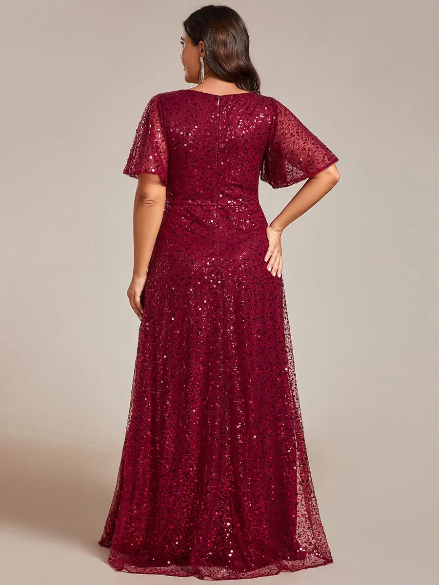 Plus Size See-Through Short Sleeves Maxi Sequin Formal Evening Dress