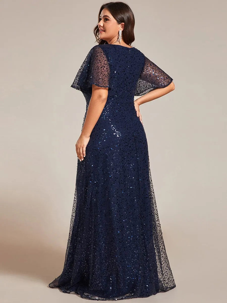 Plus Size See-Through Short Sleeves Maxi Sequin Formal Evening Dress