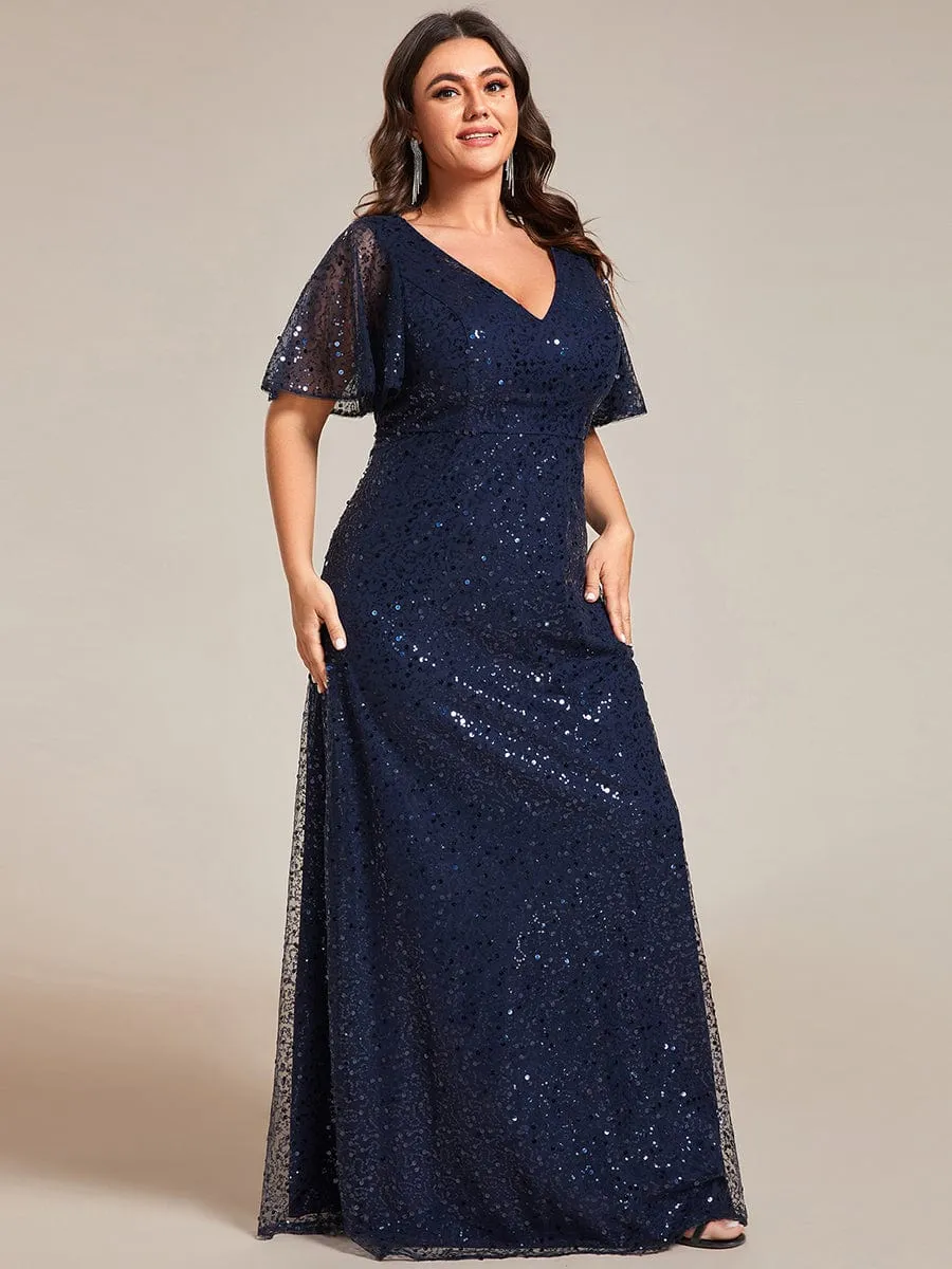 Plus Size See-Through Short Sleeves Maxi Sequin Formal Evening Dress