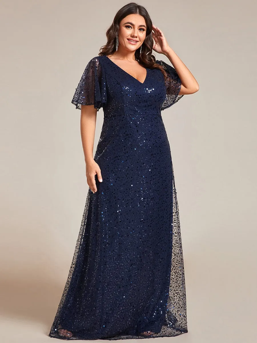 Plus Size See-Through Short Sleeves Maxi Sequin Formal Evening Dress