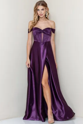 Purple Off Shoulder Corset Shiny Satin Slit Maxi Dress