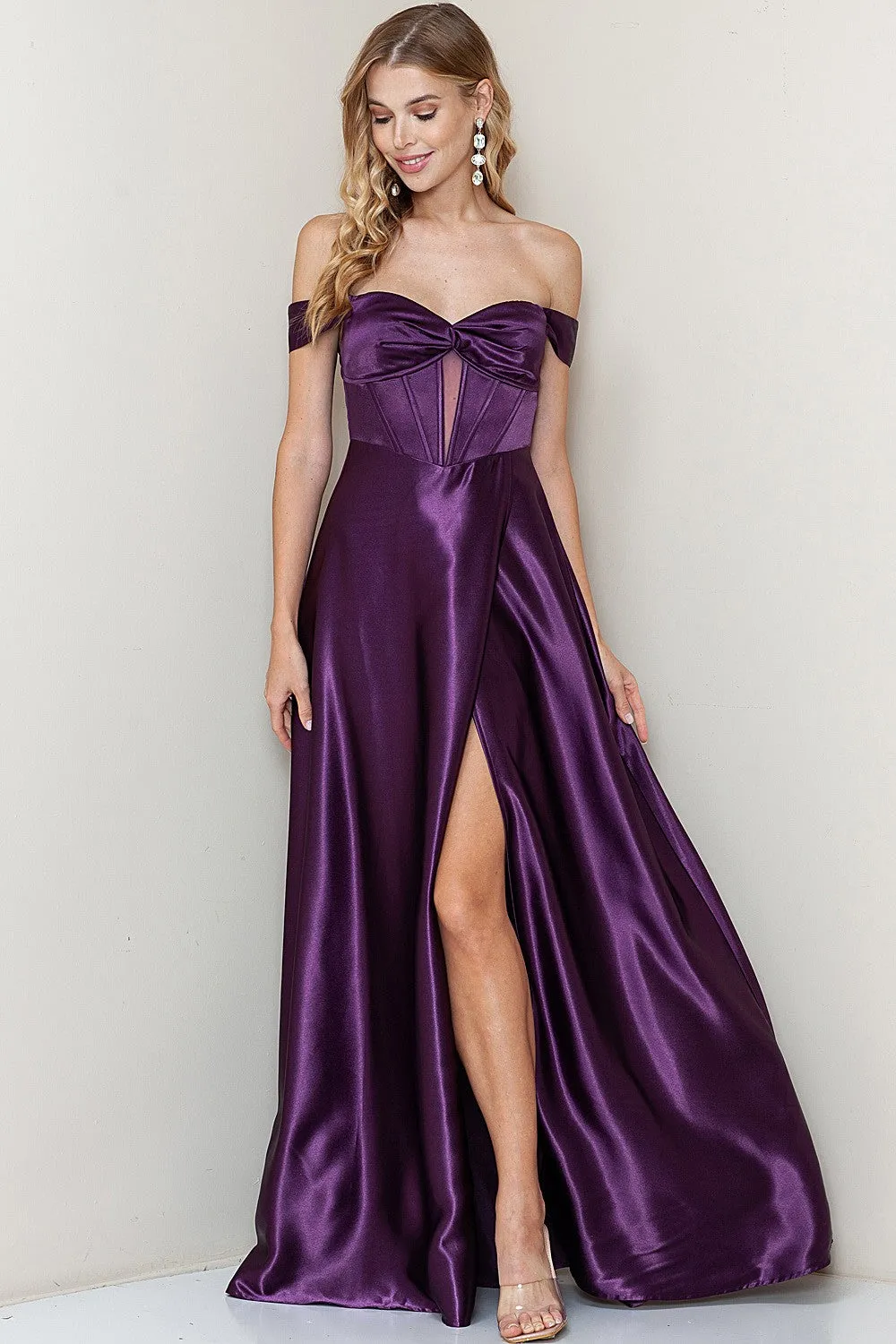 Purple Off Shoulder Corset Shiny Satin Slit Maxi Dress