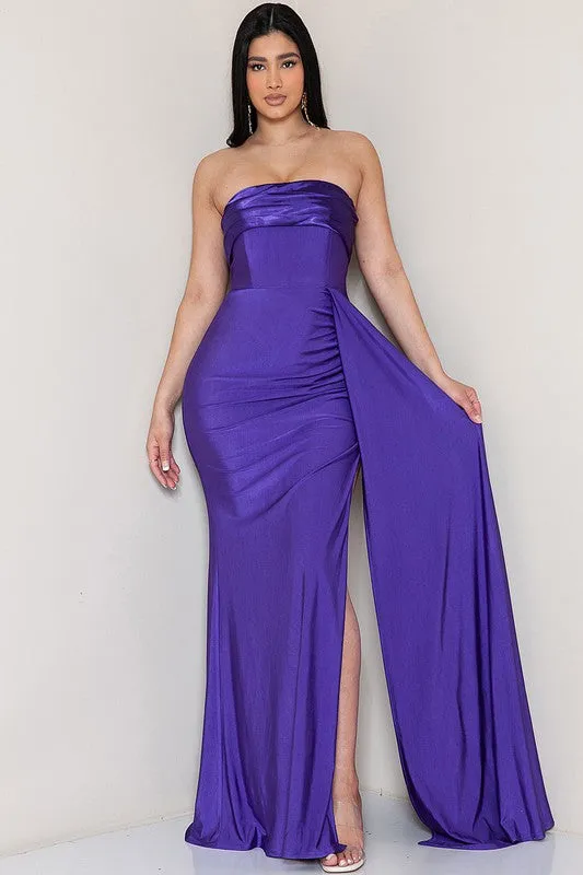 Purple Strapless Draped Side Split Maxi Dress