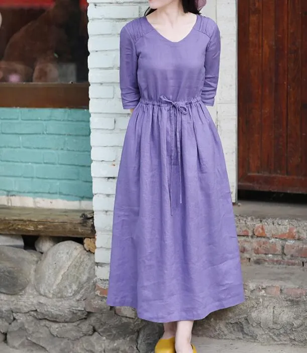 Purple Women Dresses Casual Spring Linen Women Dresses SSM97215