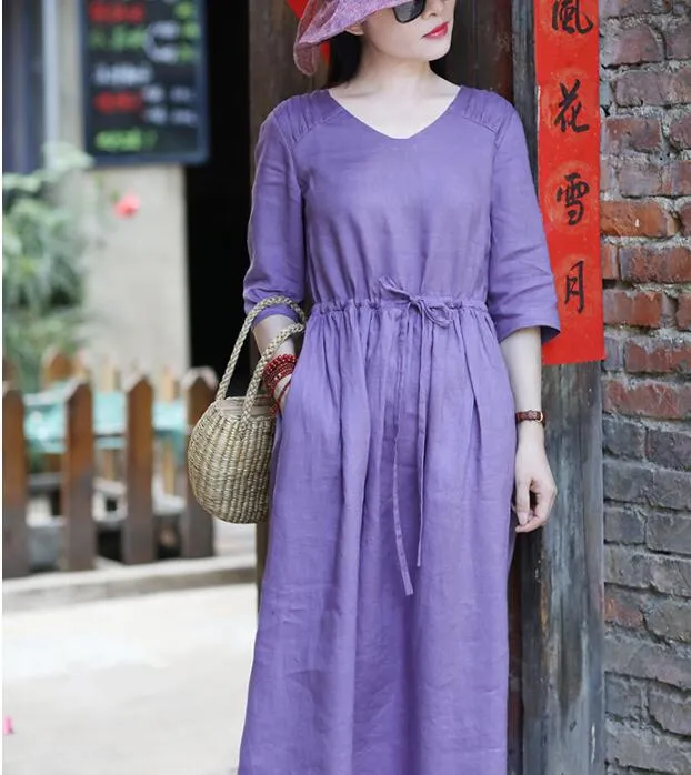 Purple Women Dresses Casual Spring Linen Women Dresses SSM97215