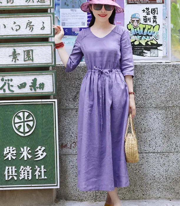 Purple Women Dresses Casual Spring Linen Women Dresses SSM97215