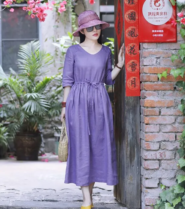 Purple Women Dresses Casual Spring Linen Women Dresses SSM97215