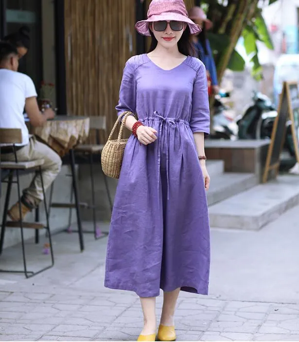 Purple Women Dresses Casual Spring Linen Women Dresses SSM97215