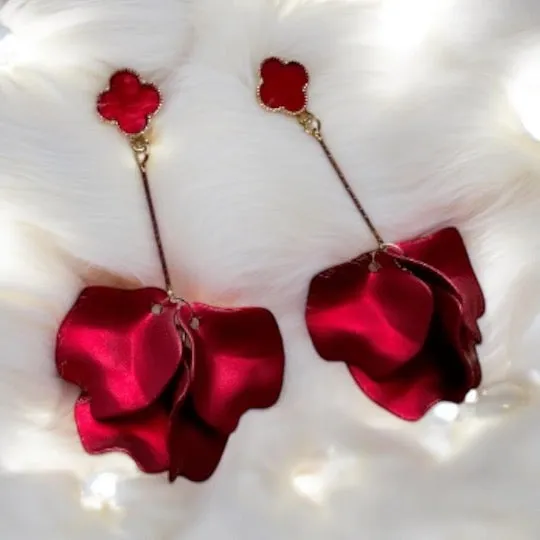 Red - designer flowers earrings | iridescent glitters petals earrings | gold & clover floral earrings | bridal party wedding earrings