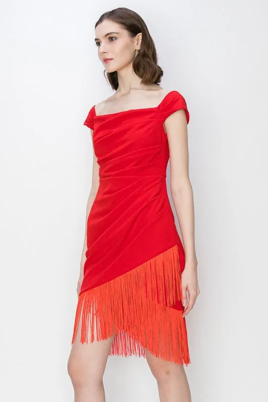 Red Fringe Bateau Neck Stretch Mini Dress