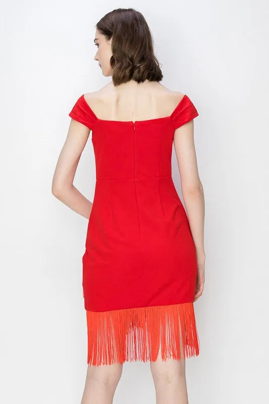 Red Fringe Bateau Neck Stretch Mini Dress