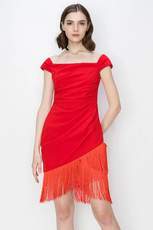 Red Fringe Bateau Neck Stretch Mini Dress