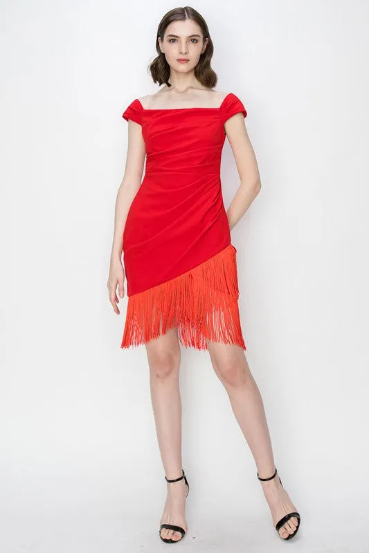 Red Fringe Bateau Neck Stretch Mini Dress