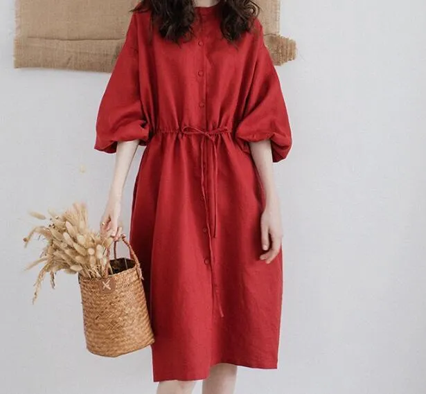 Red Linen Women Dresses 3/4 Sleeves O Neck Dresses Spring Summer Women Dresses XH9659