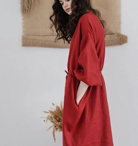 Red Linen Women Dresses 3/4 Sleeves O Neck Dresses Spring Summer Women Dresses XH9659