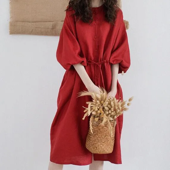 Red Linen Women Dresses 3/4 Sleeves O Neck Dresses Spring Summer Women Dresses XH9659