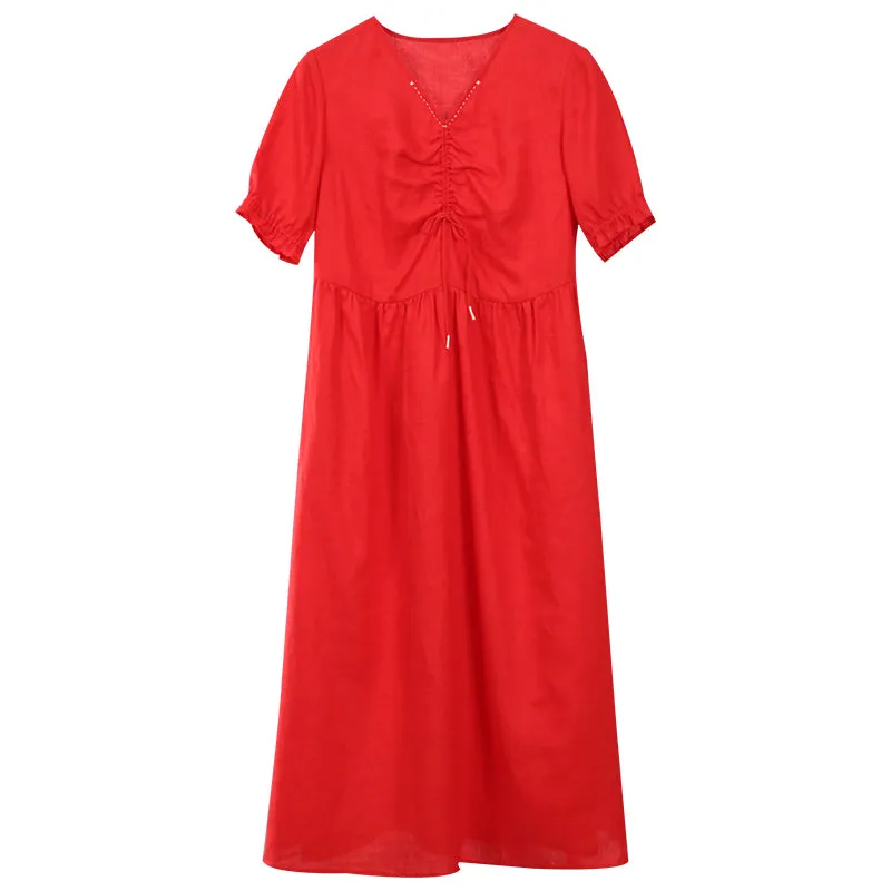 Red Women  Linen Dresses Spring Summer Women Dresses Pleated Waistline/2817