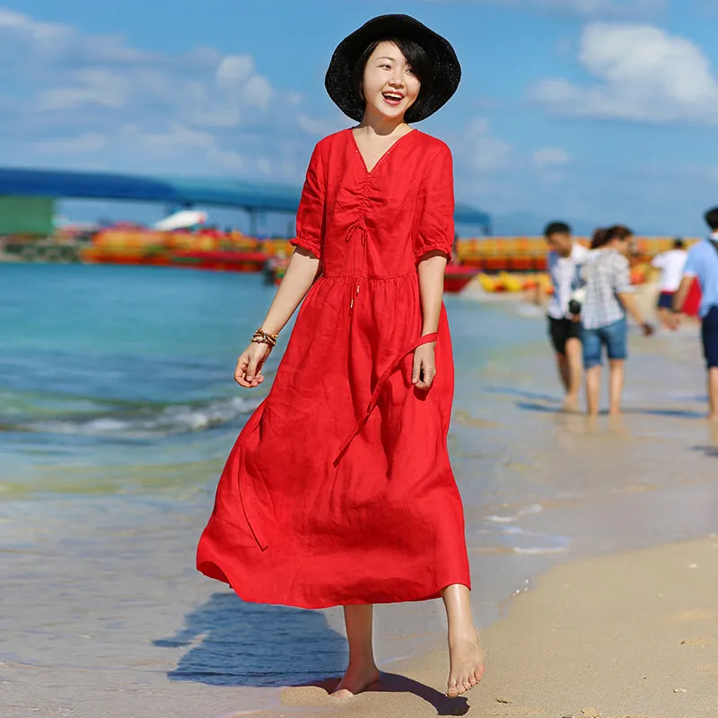 Red Women  Linen Dresses Spring Summer Women Dresses Pleated Waistline/2817