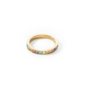 Ring stainless steel & crystals slim gold multicolour pastel