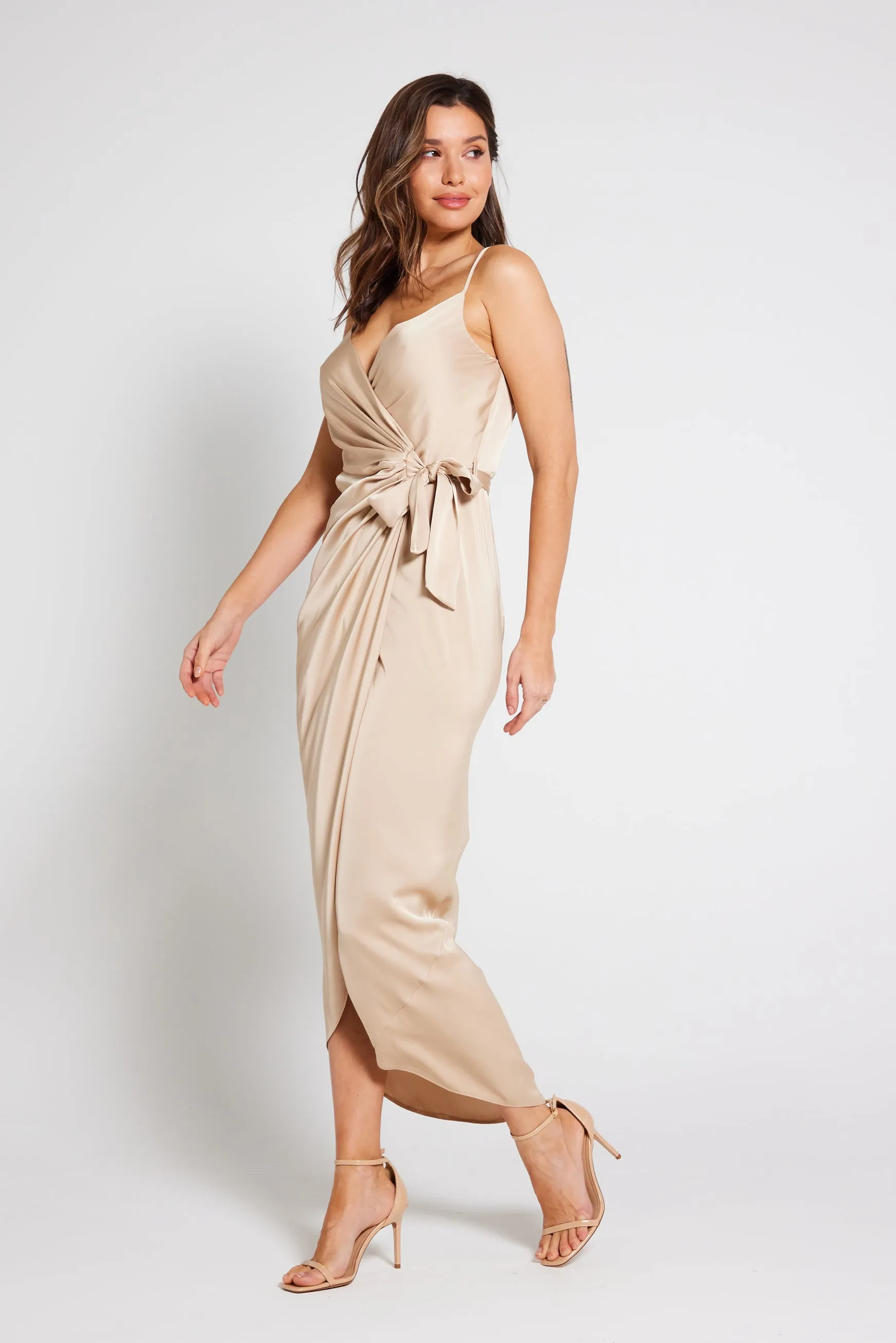 Rosa Tie Side Satin Cami Wrap Dress - Champagne