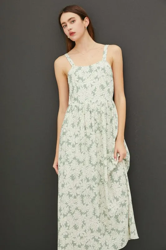 Sage Floral Print Smocked Back Strap Maxi Dress