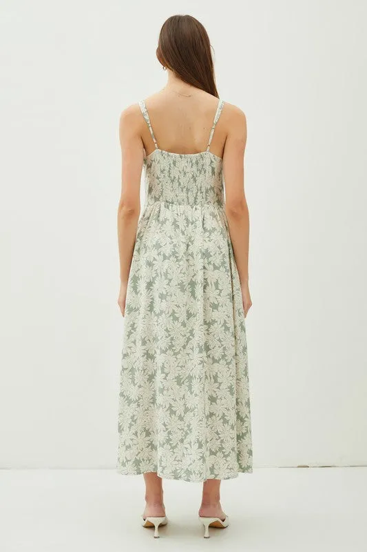 Sage Floral Print Smocked Back Strap Maxi Dress